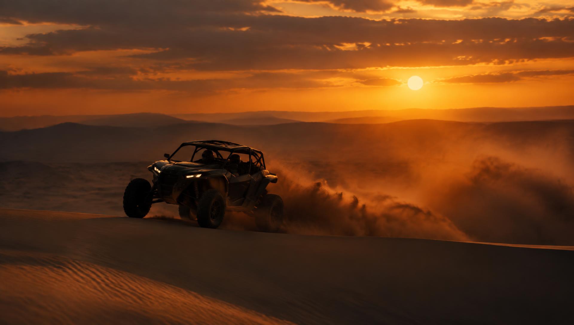 UTV cruzando dunas ao entardecer levantando poeira